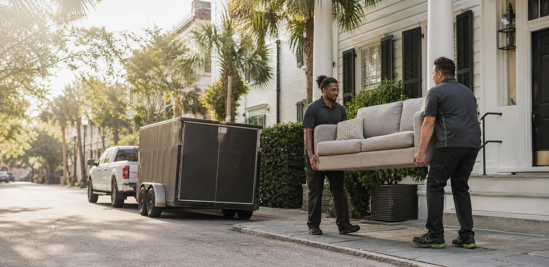 Two-person junk removal crew carrying a sofa from a Charleston home